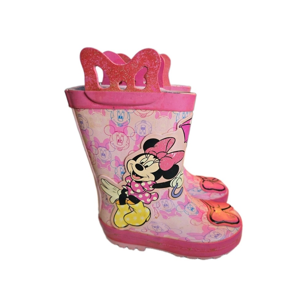 Disney Minnie Mouse Pink Rubber Rain Boots Pull On W Handles Kids Girls Sz 7/8